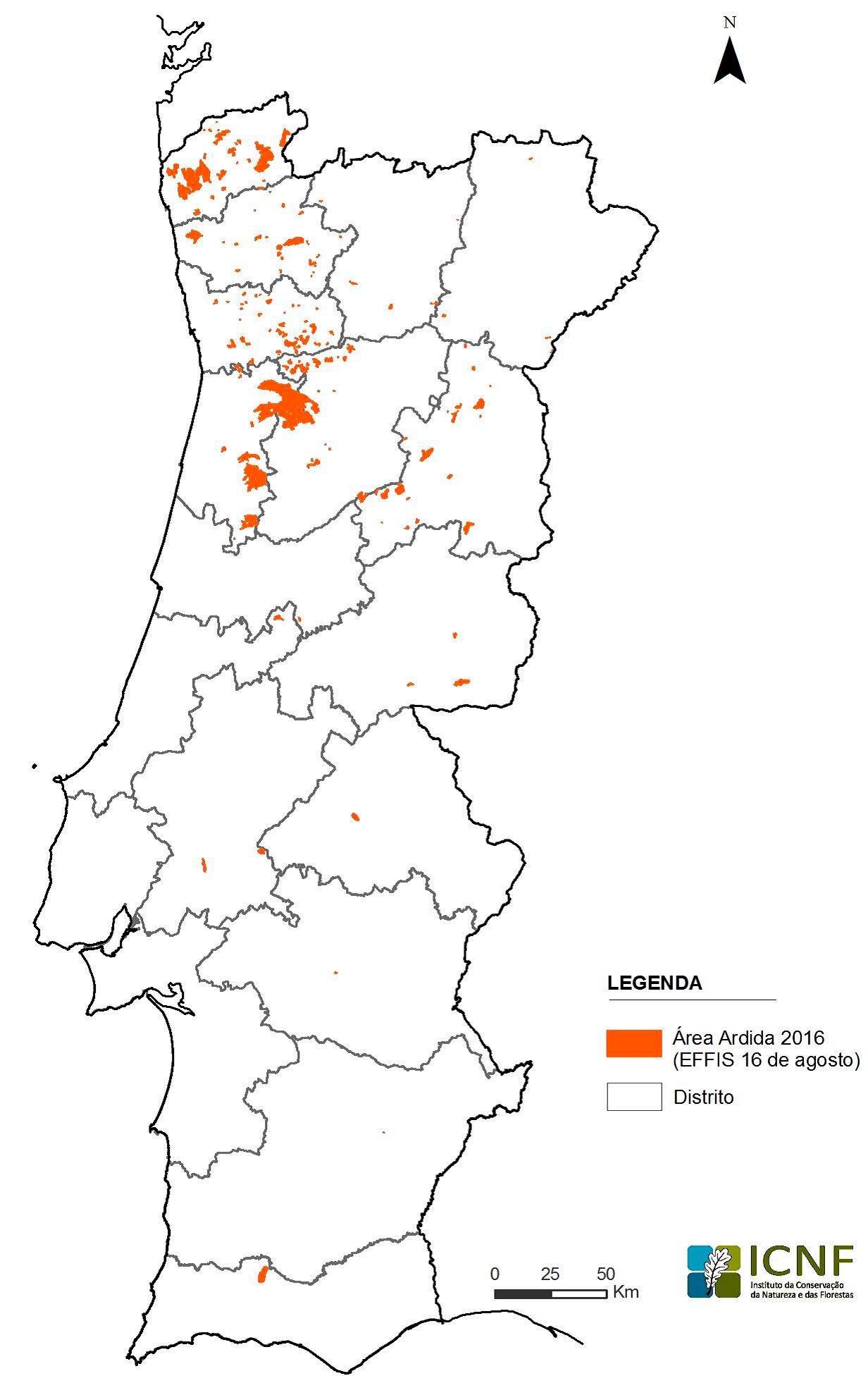 Distribuição das áreas ardidas em Portugal em 2016, reportado a 16 de agosto