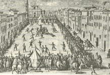 Reprodução de: 'Kulturgeschichte des Sports', C.H.Beck, p.181: Fresco por Jan van der Straet: ‘Calcio’ jogado em frente de Santa Maria Novella, 1558 (Palazzo Vecchio, em Florença)