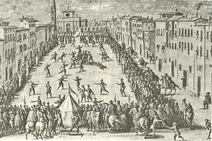 Reprodução de: 'Kulturgeschichte des Sports', C.H.Beck, p.181: Fresco por Jan van der Straet: ‘Calcio’ jogado em frente de Santa Maria Novella, 1558 (Palazzo Vecchio, em Florença)