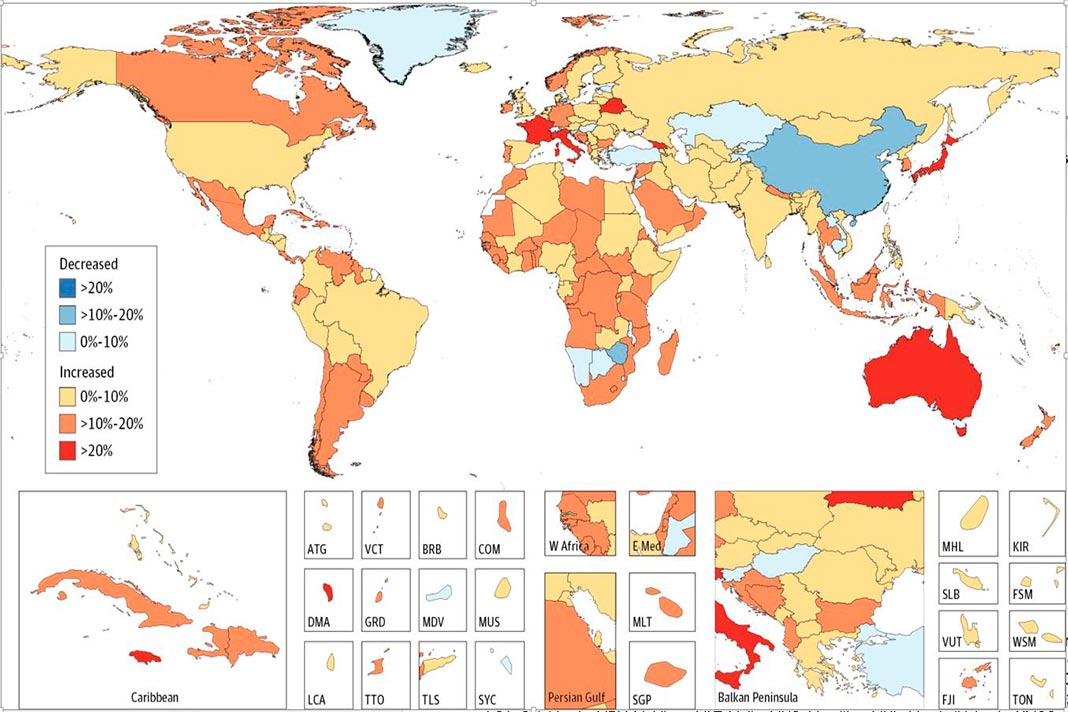 Evolução da incidência de cancro no mundo de 2005 a 2015. Gráfico: © ‘JAMA Oncology’