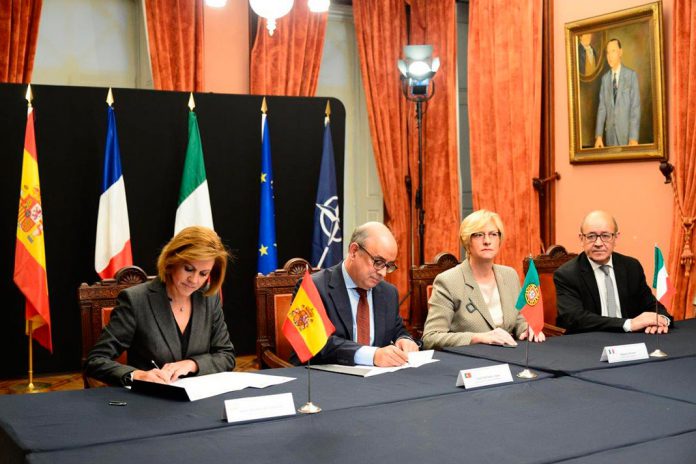 Ministros da Defesa, da esquerda para a direita, de Espanha, Portugal, Itália e da França. Ministros da Defesa, da esquerda para a direita, de Espanha, Portugal, Itália e da França.