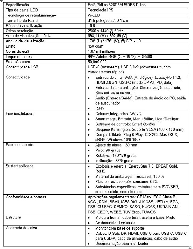 Especificações Técnicas do Monitor Philips 328P6AUBREB P-line