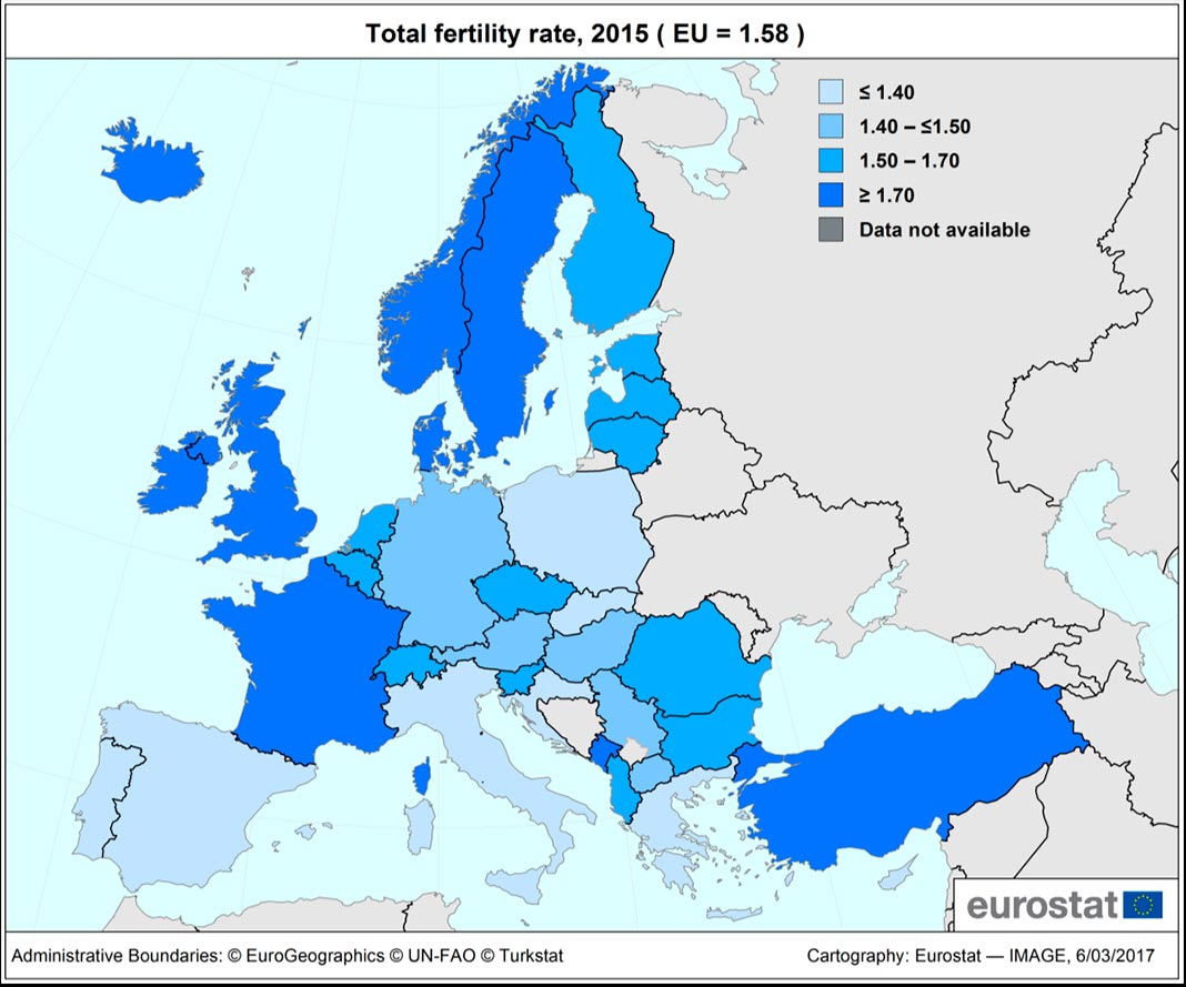 Taxas de fecundidade na UE, em 2015