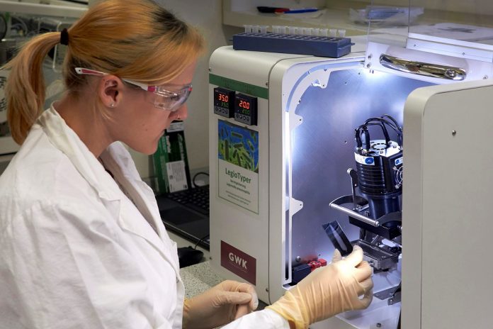 Teste de legionella em 35 minutos. A investigadora Catharina Kober com um chip LegioTyper na plataforma de análise de microarrays MCR. Teste de legionella em 35 minutos. A investigadora Catharina Kober com um chip LegioTyper na plataforma de análise de microarrays MCR.