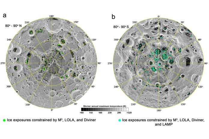 A imagem mostra a superfície de gelo de água exposta (pontos verdes e azuis) nas regiões polares lunares sobrepostas à temperatura máxima anual (mais escuro = mais frio, mais claro = mais quente).