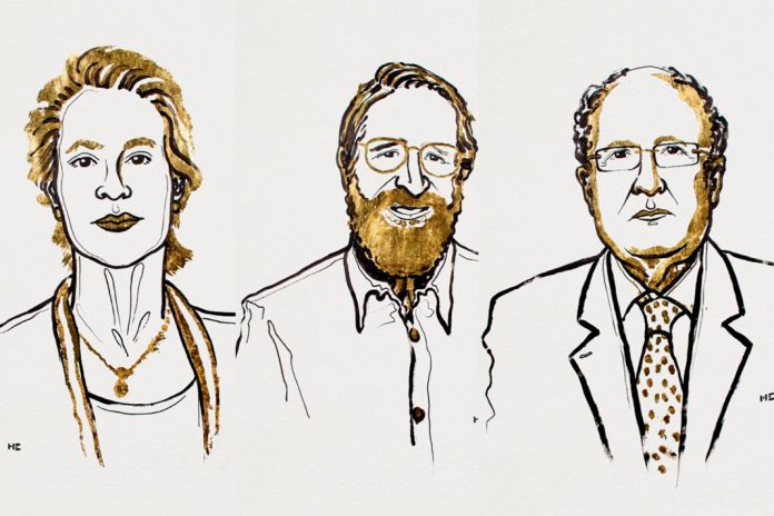 Prémio Nobel da Química 2018 atribuído a Frances H. Arnold, George P. Smith e Gregory P. Winter. Ilustração: Niklas Elmehed © Nobel Media Prémio Nobel da Química 2018 atribuído a Frances H. Arnold, George P. Smith e Gregory P. Winter. Ilustração: Niklas Elmehed © Nobel Media