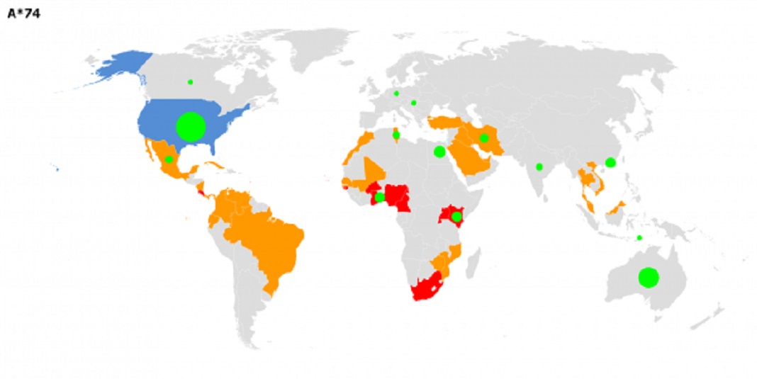 Mapa-múndi indicando a presença de amostras populacionais que carregam alelos da família A*74 e SARS-CoV-2 isolados com mutações de fuga (círculos verdes). Imagem: Foix A et al., 2022, PLOS Computational Biology.