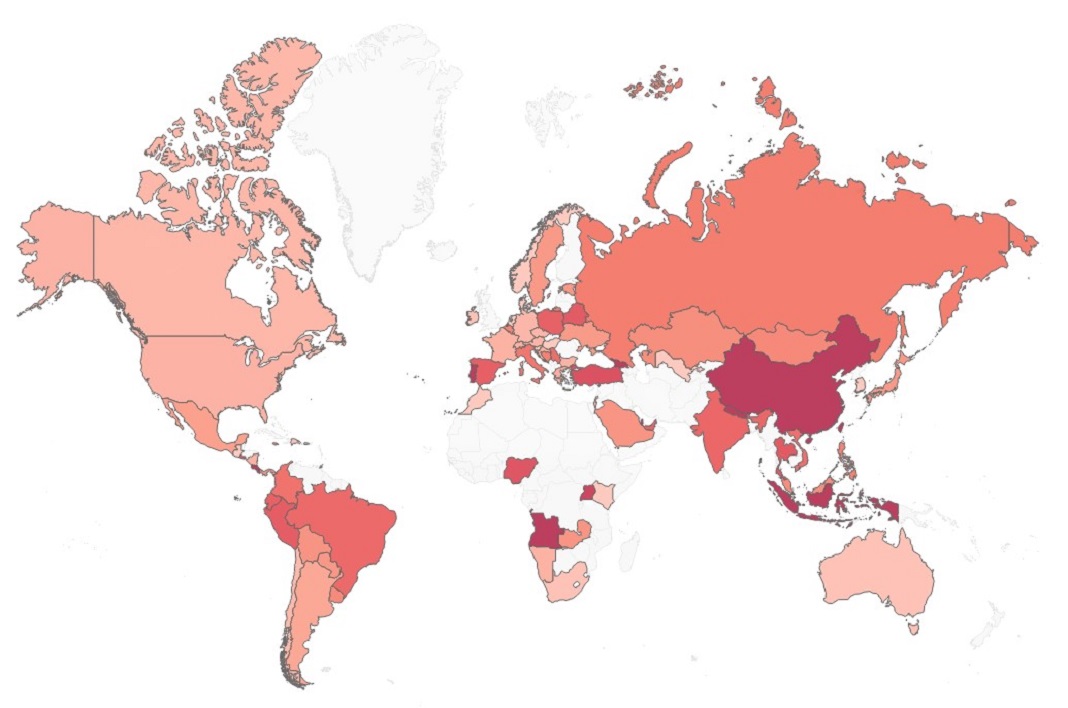 Percentagem de organizações impactadas pelo Trickbot (quanto mais escura a cor - maior o impacto). Fonte: Check Point Research