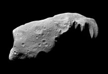 Imagem do asteroide 243 Ida, obtida pela sonda Galileo. Apesar de cerca de dez vezes maior do que o asteroide 32599 Pedromachado, 243 Ida também se encontra na Cintura de Asteroides. Créditos: NASA/JPLV