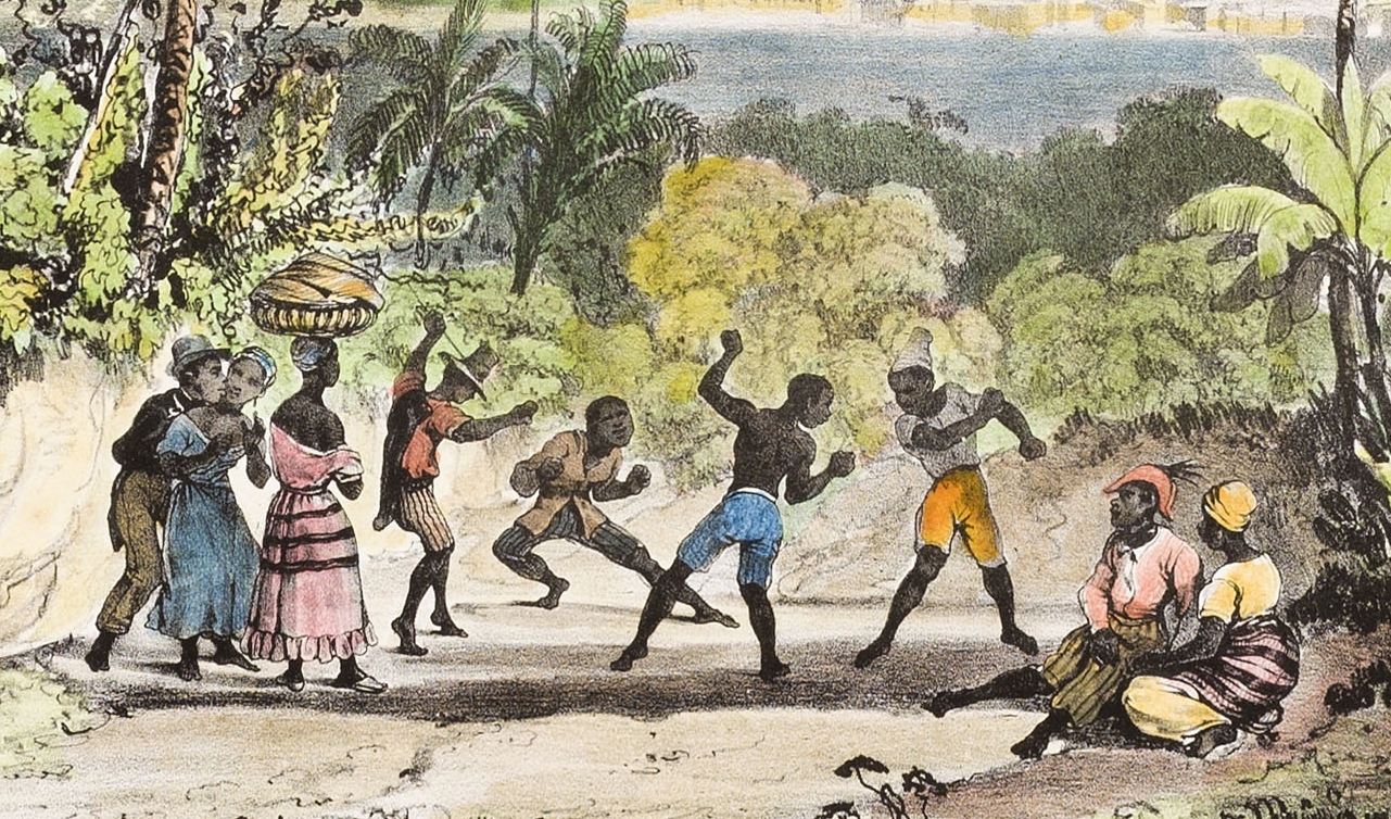 imagem: pintura realizada por Johann Moritz Rugendas por volta de 1835, que retrata uma cena de capoeira ou dança-luta em Salvador, no Brasil . Rugendas (1802–1858) foi um importante artista e viajante europeu que documentou, com desenhos e pinturas, cenas do Brasil colônia, incluindo manifestações culturais como o que parece ser capoeira ou danças afro-brasileira.